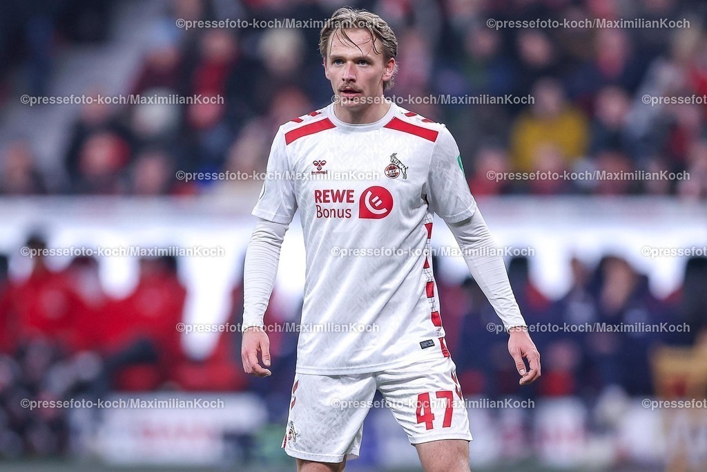 DFB05022502299 | 05.02.2025, Fußball, DFB-Pokal Viertelfinale, Bayer 04 Leverkusen - 1.FC Köln, BayArena, Saison 2024 2025: Mathias Olesen (FC Köln #47)DFB regulations prohibit any use of photographs as image sequences and or quasi-video.