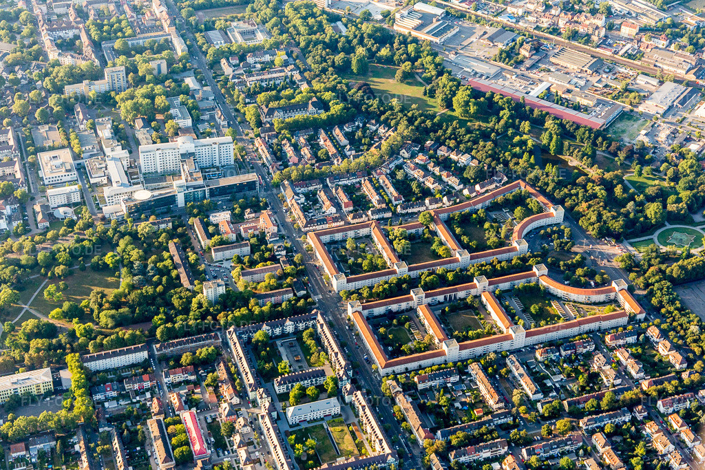 Luftbild: Wohngebietssiedlung entlang der Ebertstraße am Ebertpark am Rhein im Ortsteil Friesenheim in Ludwigshafen im Bundesland Rheinland-Pfalz in Deutschland. Foto: IMG_109553.jpg vom 31.07.2018 durch Werner Riehm/FLY-FOTO.de