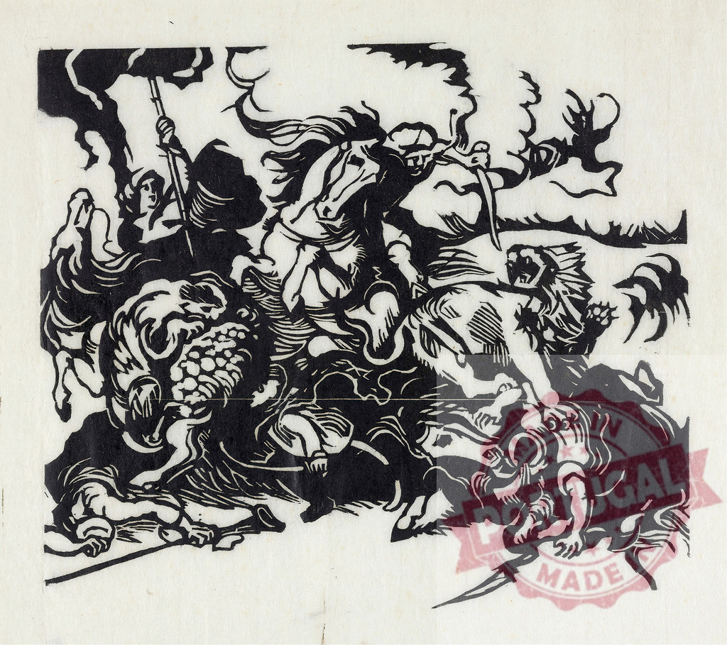 Epic battle scene depicting warriors fighting lion and mythical beast | Warriors on horseback and foot engaging in a fierce struggle against a lion and a dragon-like creature - Realized with Pictrs.com
