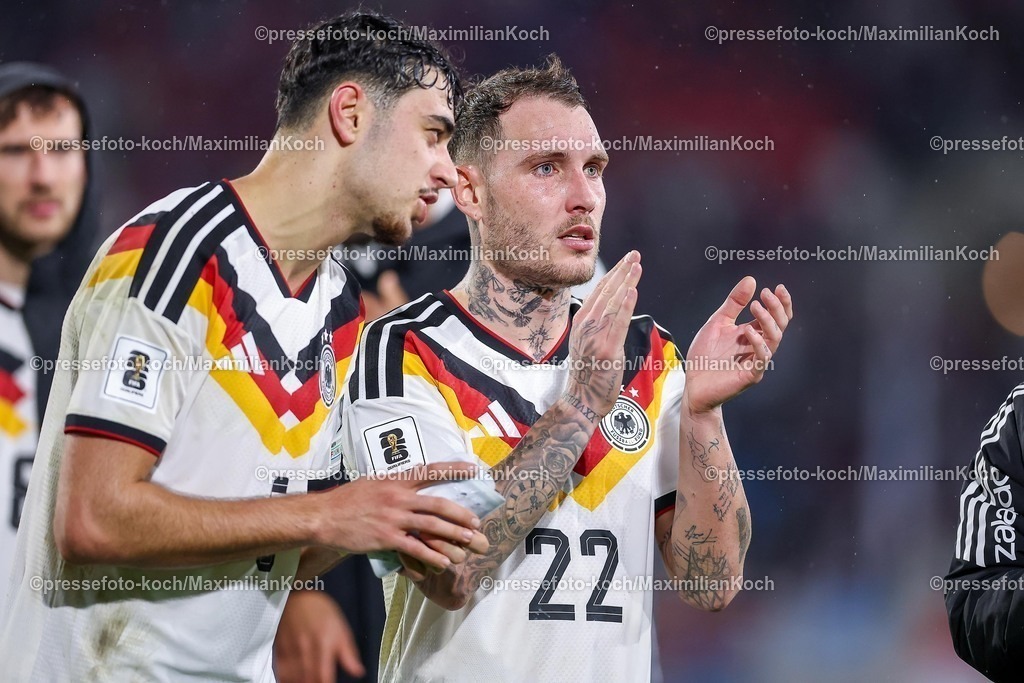 DFB14112501149 | 14.11.2025, Fußball, Länderspiel, WM-Qualifikation Europa, Deutschland - Luxemburg, Stade de Luxembourg (Croix de Gasperich, Luxemburg), 9. Spieltag, Saison 2025 2026: Aleksandar Pavlovic (GER #05) neben David Raum (GER #22)  Regulations prohibit any use of photographs as image sequences and or quasi-video.