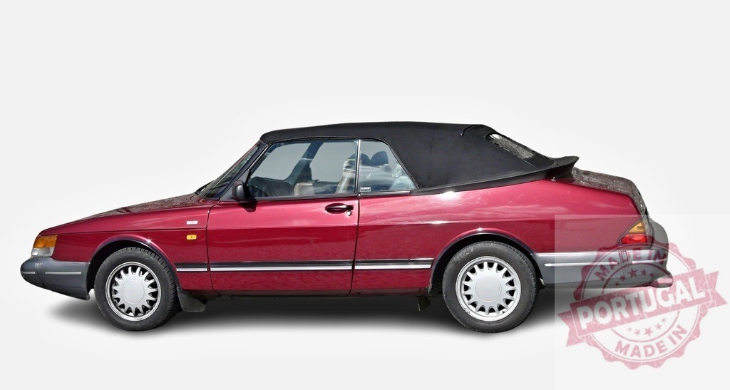 Classic Saab 900 Convertible Posing on White Background | Red Saab 900 convertible with black soft top parked against a seamless white backdrop - Realized with Pictrs.com