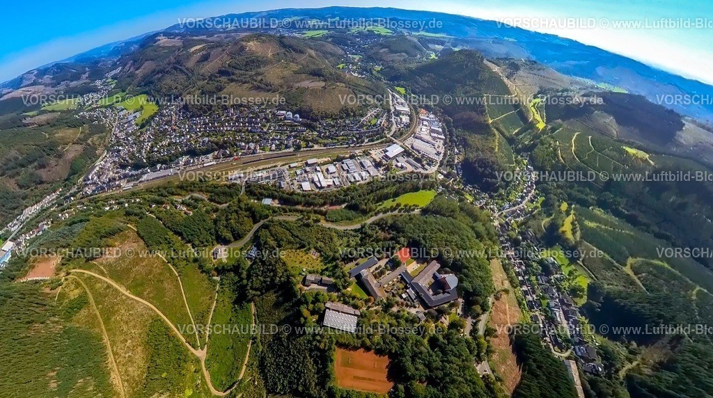 Lennestadt230990354AltenhundemJugendhofPallotti | Luftbild, Ortsansicht Ortsteil Altenhundem mit Bahnhof, Gewerbegebiet Straße Bahnbetriebswerk, Jugendhof Pallotti im Waldgebiet, Erdkugel, Fisheye Aufnahme, Fischaugen Aufnahme, 360 Grad Aufnahme, tiny world, Altenhundem, Lennestadt, Sauerland, Nordrhein-Westfalen, Deutschland