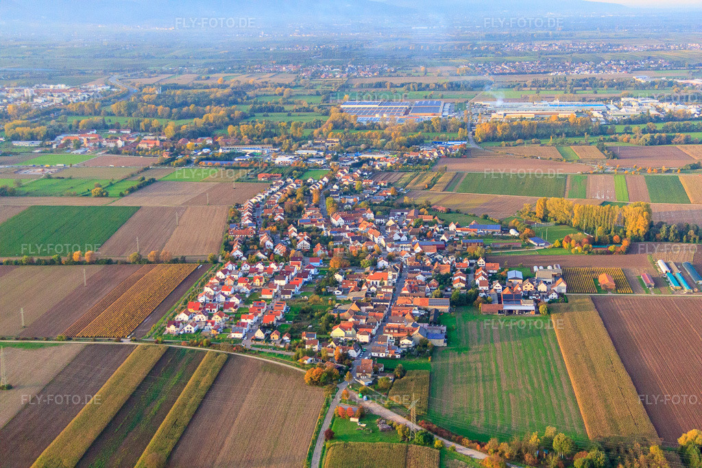 Luftbild: Ortsansicht von Süden im Ortsteil Mörlheim in Landau im Bundesland Rheinland-Pfalz in Deutschland. Foto: IMG_60343.jpg vom 22.10.2013 durch Werner Riehm/FLY-FOTO.deAuflösung des Originals: 4752 x 3168 px
