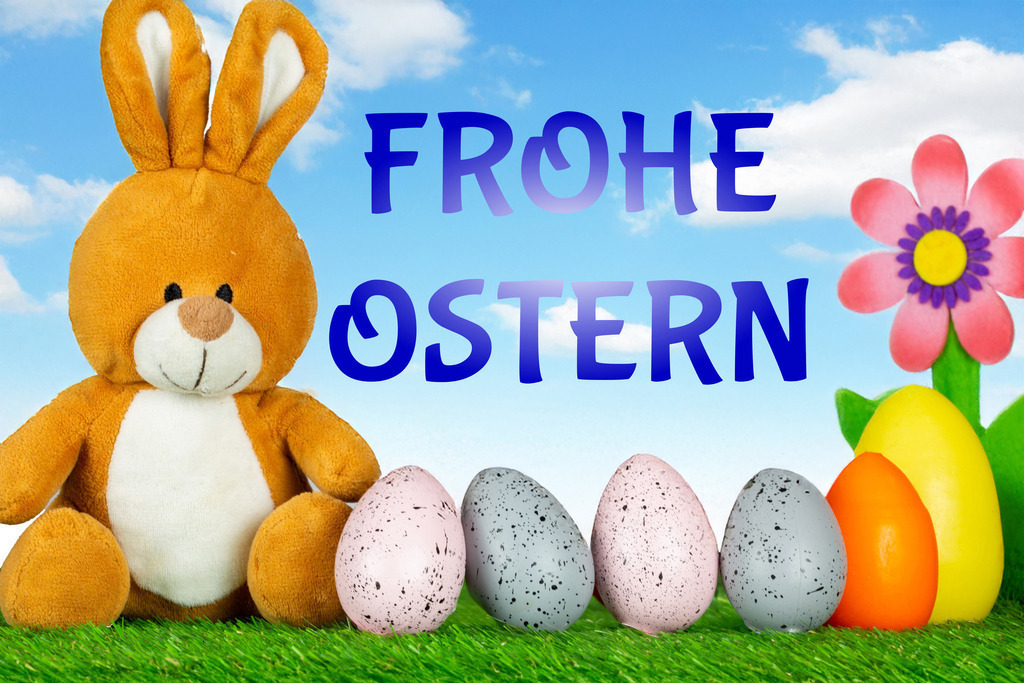 Ostergrüße: Osterhase mit bunten Ostereiern mit Text FROHE OSTERN (Composing) | Ostergrüße: Osterhase mit bunten Ostereiern mit Text FROHE OSTERN (Composing) - Realisiert mit Pictrs.com