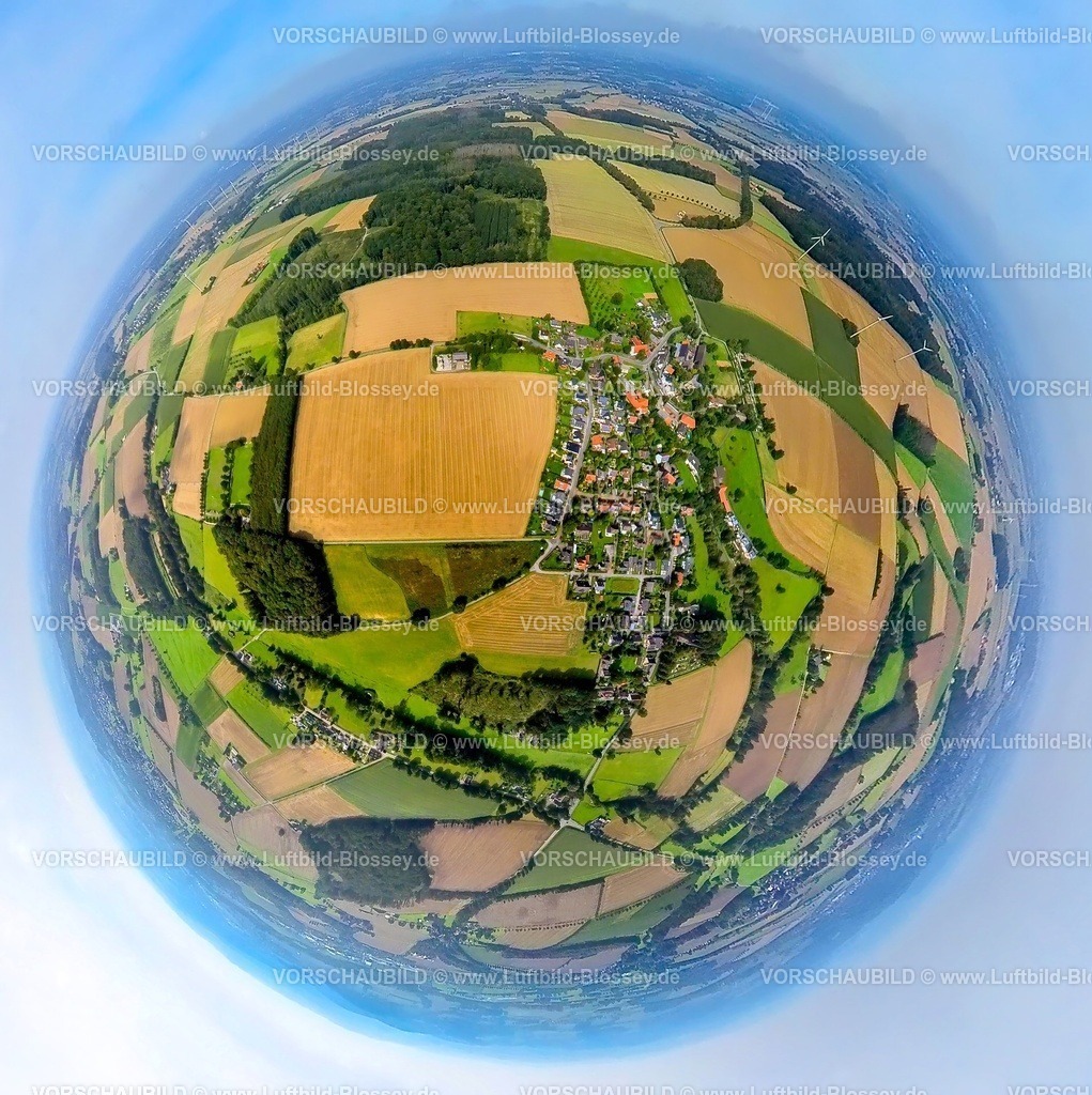 Froendenberg230990109 Bausenhagen | Luftbild, Ortsansicht Ortsteil Bausenhagen, umgeben von Wiesen und Feldern, Erdkugel, Fisheye Aufnahme, Fischaugen Aufnahme, 360 Grad Aufnahme, tiny world, Bausenhagen, Fröndenberg, Ruhrgebiet, Nordrhein-Westfalen, Deutschland