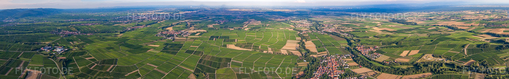 Luftbild: Panorama der Weinbergs- Landschaft der Winzer- Gebiete der Südpfalz in der Rheinebene bei Billigheim-Ingenheim im Ortsteil Klingen in Heuchelheim-Klingen im Bundesland Rheinland-Pfalz in Deutschland. Foto: IMG_51332-Pano.jpg vom 04.08.2012 durch Werner Riehm/FLY-FOTO.deAuflösung des Originals: 20567 x 3215 px