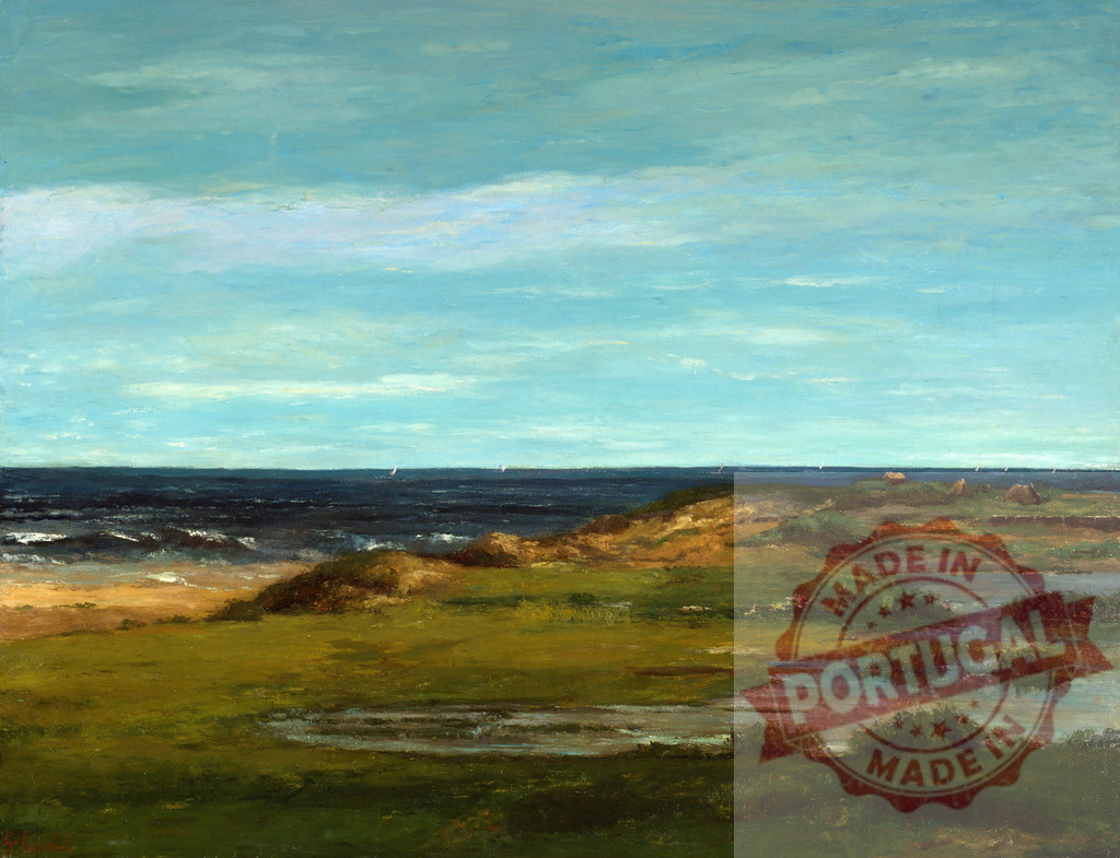 Gustave Courbet Gustave Courbet seascape painting featuring a wild coastline with ocean waves | Gustave Courbet seascape offering a view of a rough coast, green marshland, and a cloudy sky - Realized with Pictrs.com