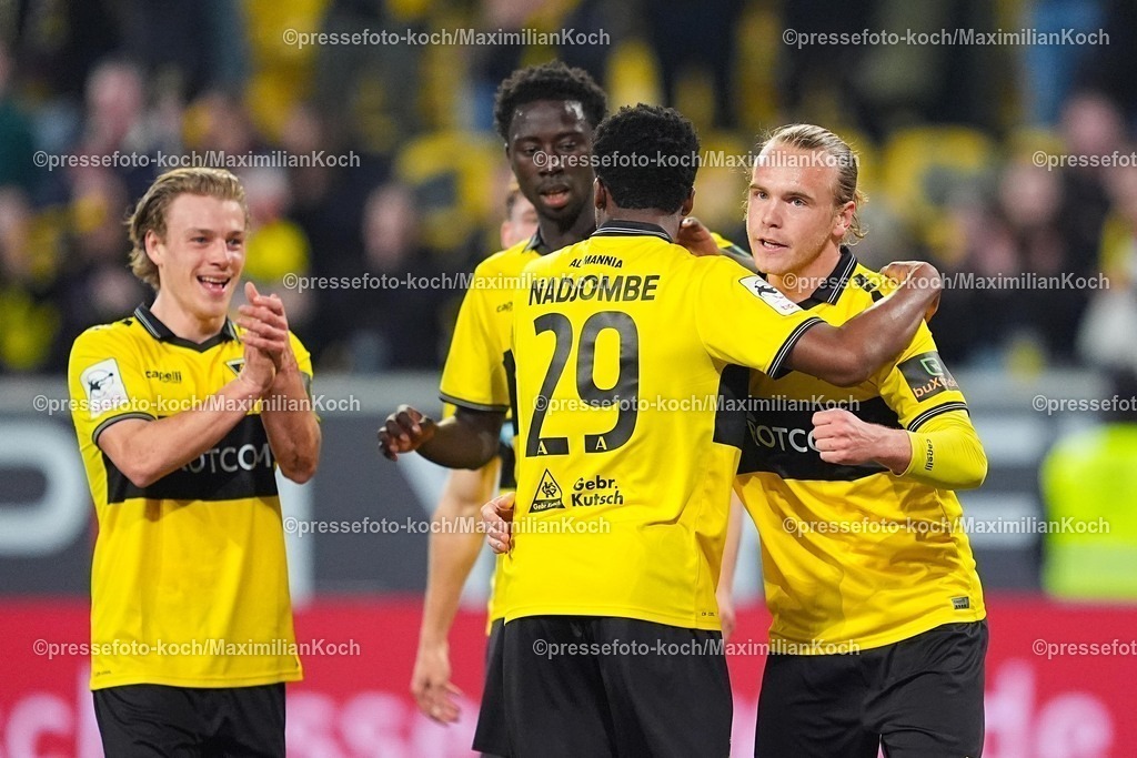 xYDRx04032601029 | 04.03.2026, xydrx, Fußball, 3.Liga, TSV Alemannia Aachen - 1.FC Schweinfurt 05, Saison 2025 2026, Tivoli: Torjubel nach dem Tor zum 1:0 für TSV Alemannia Aachen durch Torschütze Lars Timo Gindorf (TSV Alemannia Aachen #23) zusammen mit Pierre Nadjombe (TSV Alemannia Aachen #29)       DFB regulations prohibit any use of photographs as image sequences and or quasi-video. Photo: xYannisxDreimannxPressefotoKochx