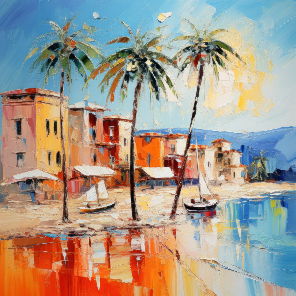 2307247 - Traumhafter Strand | Bestellen Sie dieses digitale Gemälde eins traumhaften Strandes mit Palmen und kleinen Häusern als hochwertigen Kunstruck auf Leinwand, Acrylglas, Alu-Dibond oder als Poster.