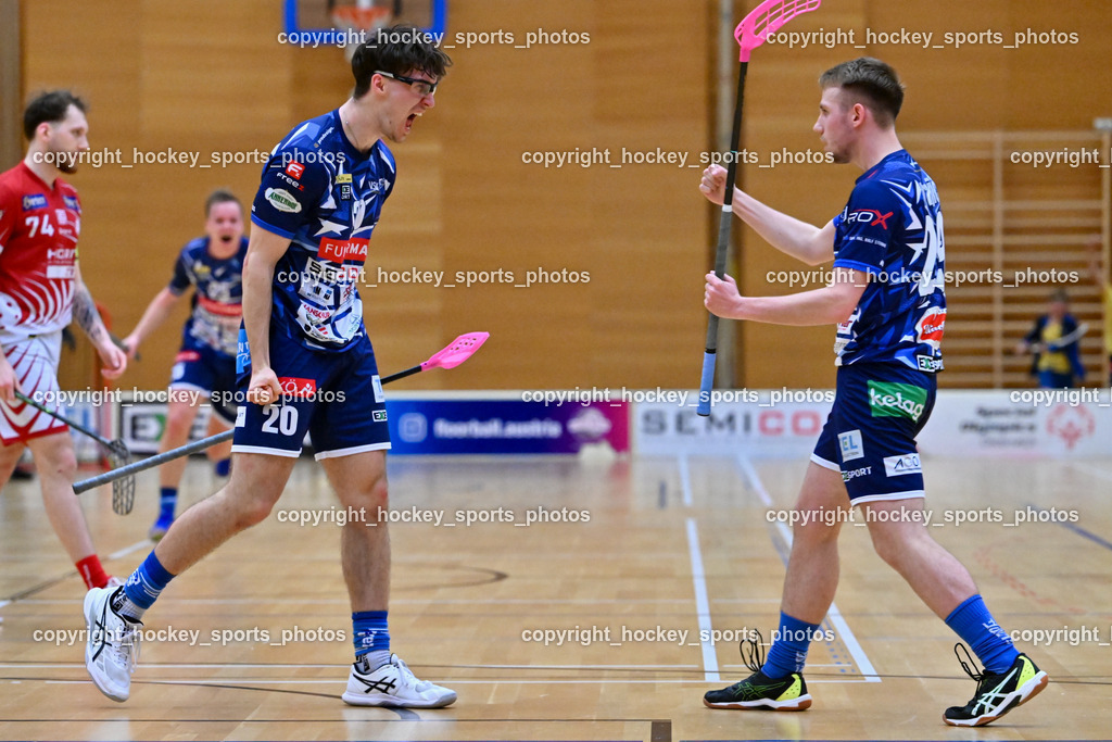 VSV Unihockey vs. KAC Floorball | Jubel #20 David Gredler VSV Unihockey, #29 Anze Brajic VSV Unihockey, VSV Unihockey vs. KAC Floorball, VSV Unihockey vs. KAC Floorball am 12.04.2025 in Villach (Ballspielhalle St. Martin), Austria, (Photo by Bernd Stefan)