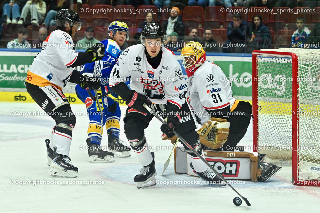 EC IDM Wärmepumpen VSV vs. Pioneers Vorarlberg | #14 Eric Florchuk Pioneers Vorarlberg, #31 David Madlener Pioneers Vorarlberg,  #72 John Hughes EC VSV, #4 Ramon Schnetzer Pioneers Vorarlberg, EC IDM Wärmepumpen VSV vs. Pioneers Vorarlberg, EC IDM WÄRMEPUMPEN VSV vs. Pioneers Vorarlberg am 03.10.2025 in Villach (Stadthalle Villach), Austria, (Photo by Bernd Stefan)
