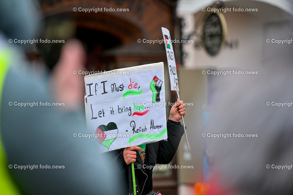 Demonstration Paleastina in Linz_ Pro Gaza_ 14.01.2024-63 | 14.01.2024, Linz, AUT, Demonstration, im Bild Palästina, Palaestina, Gaza, Demoteilnehmer, Teilnehmer, Kundgebung, Plakate, Fahnen, Polizei, Beamte, Polizeifahrzeuge, Einsatzkraefte, Israel, Krieg, Hamas, Geisel, Freiheit, Frieden