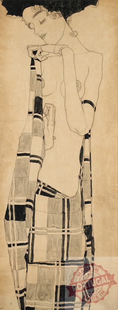 Egon Schiele Gustav Klimt drawing of nude woman draped | Nude woman with patterned wrap expressing Art Nouveau style and sensuality - Realisiert mit Pictrs.com
