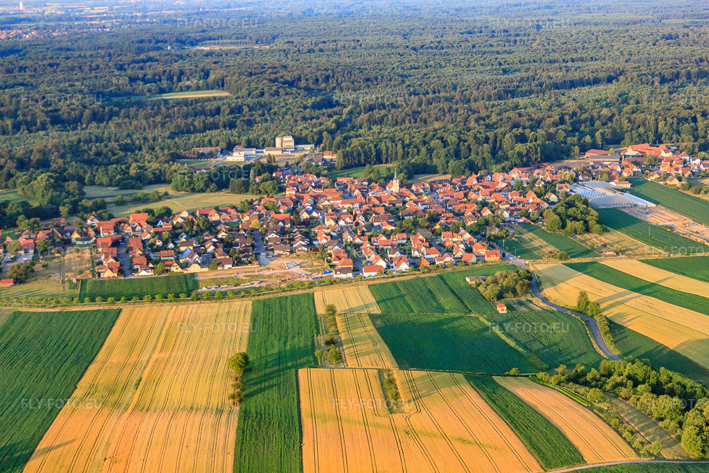 Vue aérienne: Vue de la ville depuis le nord à Niederrœdern dans le département Bas Rhin, France – .Photo: IMG_67983.jpg prise le 19/06/2014 par Werner Riehm/FLY-FOTO.eu – Résolution de l'original: 4752 x 3168 px