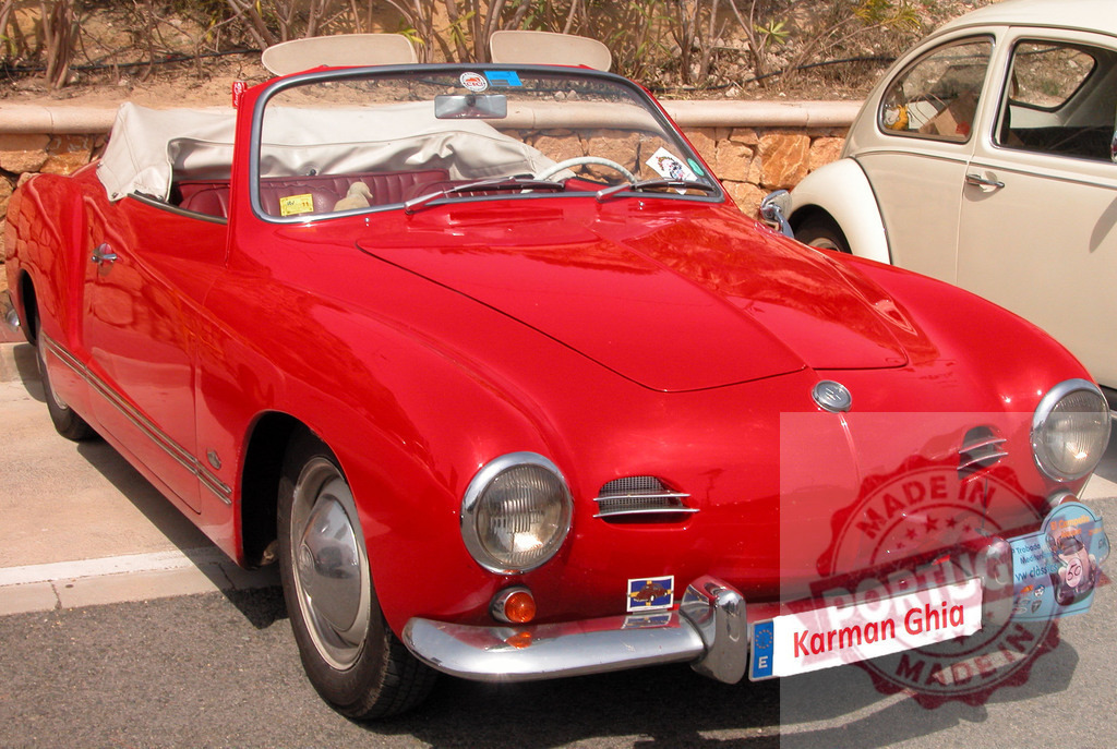 Shiny red Karmann Ghia parked in a sunny parking lot | Classic red Karmann Ghia parked in a sunny parking lot - Realized with Pictrs.com