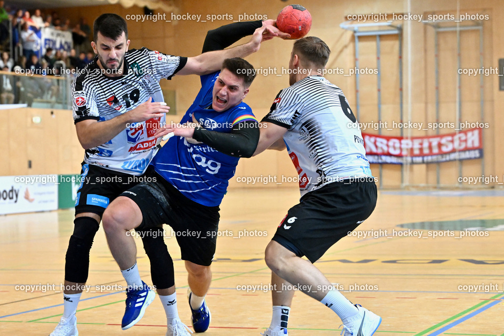 SC Ferlach vs. Schwaz Tirol Handball | #19 Medic Petar Schwaz Tirol Handball, #24 JOVANOVIC Mladan SC Ferlach, #6 PETRUSIC Emanuel Schwaz Tirol Handball, SC Ferlach vs. Schwaz Tirol Handball, SC Ferlach vs. Schwaz Tirol Handball am 12.10.2024 in Ferlach (Ballspielhalle Ferlach), Austria, (Photo by Bernd Stefan)