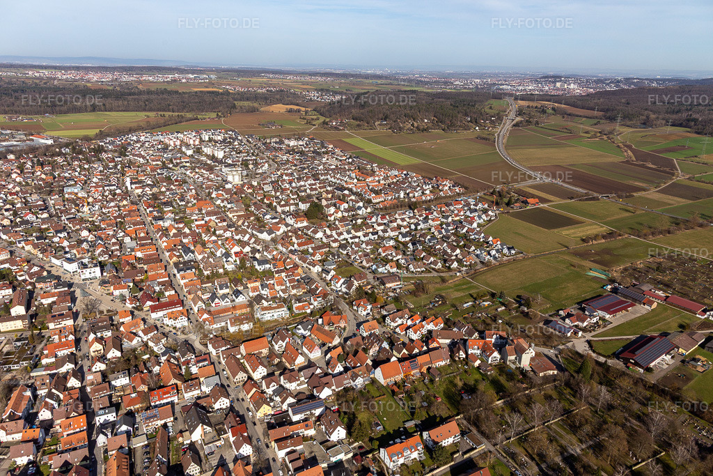 Luftbild: Ortsansicht aus Süden in Renningen im Bundesland Baden-Württemberg in Deutschland. Foto: IMG_125081.jpg vom 20.02.2021 durch Werner Riehm/FLY-FOTO.de