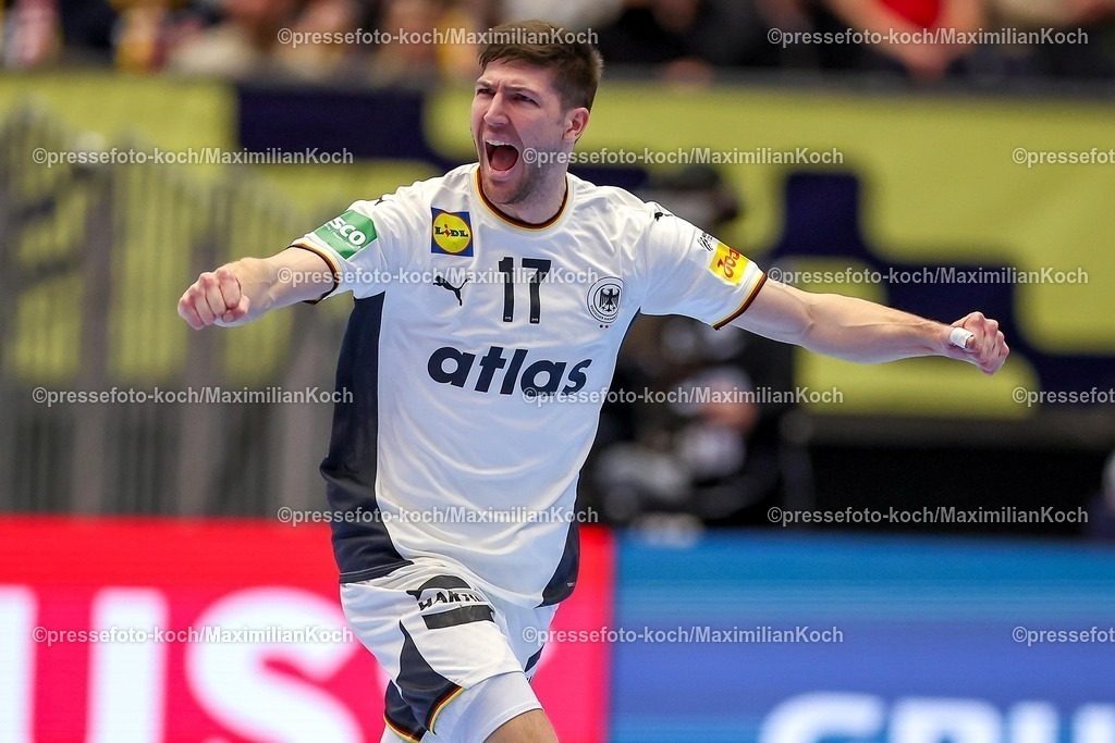 EHF15012602045 | 15.01.2026, Handball, Men's EHF EURO 2026, Deutschland - Östereich, Jyske Bank Boxen in Herning, Dänemark, Preliminary Round:  Lukas Zerbe (Germany #17) jubelnd