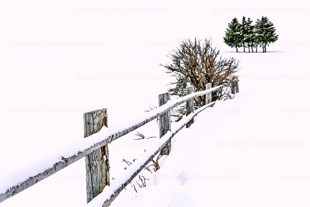 PAD2_RH_Schnee-Zaun-Baeume_150x100 | DIGITALKUNST. Winter-Impression im Engadin bei Zernez. __ Schneelandschaft mit Holzzaun und kleinem Busch und einer Baumgruppe im Tiefschnee. __ Das Basisfoto für dieses malerisch verwandelte Werk hat der Schweizer Hobbyfotograf Rene Hinder gemacht und es Bernt Hoffmann für dessen Kunstpart zur Verfügung gestellt. - Realisiert mit Pictrs.com