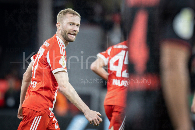 DFB Cup semifinal match Bayer 04 Leverkusen vs. FC Bayern Munich, 22.04.2026 | LEVERKUSEN, GERMANY - APRIL 22, 2026: Konrad Laimer (FC Bayern Muenchen, 27) during the German DFB Cup semifinal match between Bayer 04 Leverkusen vs. FC Bayern Munich at BayArena on April 22, 2026 in Leverkusen, Germany. DFL REGULATIONS PROHIBIT ANY USE OF PHOTOGRAPHS AS IMAGE SEQUENCES AND/OR QUASI-VIDEO.