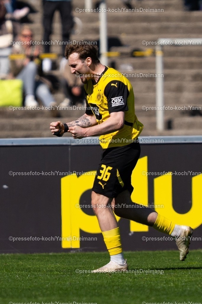 xydr06042501036 | 06.04.2025, xydrx, Fußball, Borussia Dortmund II - FC Ingolstadt 04, 3.Liga, Stadion Rote Erde, Saison 2024 2025: Tony Reitz (Borussia Dortmund II #36) jubelnd, freut sich über sein Tor zum 3:2 für Dortmund  DFB regulations prohibit any use of photographs as image sequences and or quasi-video.