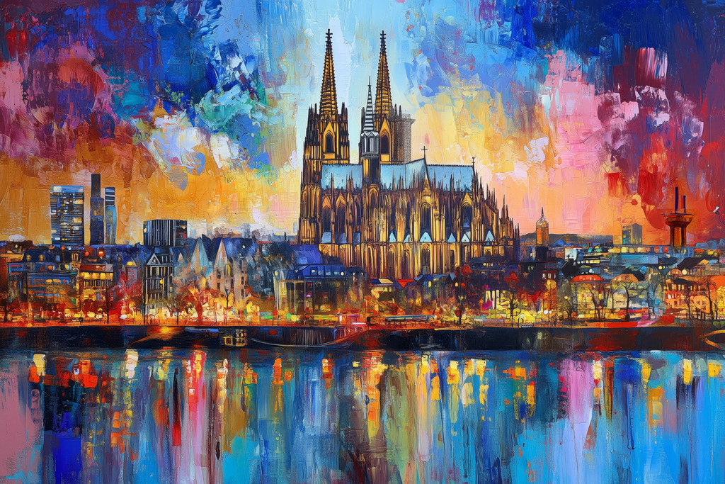 10260814 - Köln wie gemal | Blick über den Rhein auf den Kölner Dom im Stil eines Gemäldes. Erhältlich als hochwertiges Wandbild auf Leinwand, Acrylglas, Alu-Dibond oder als Poster, einfach über "Bestellen" konfigurieren.