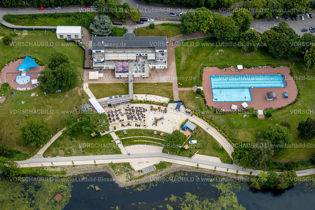 Hagen240711312Hengsteysee | Luftbild, Hengsteysee mit Algenbewuchs, Algenpest, Elodea, Strandbad, Freibad, Salitos Beach, Strandhaus, Ruhrtal, Hagen, Nordrhein-Westfalen, Deutschland, 