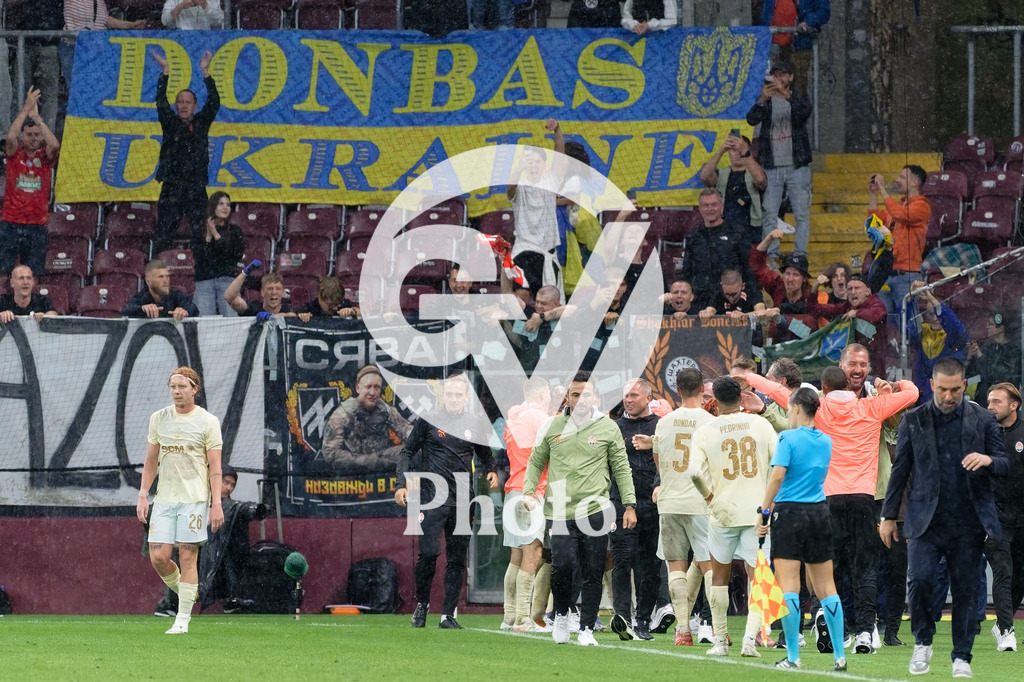 UEFA Conference League Play-offs 2nd leg - Servette FC v FC Shakhtar Donetsk | Fans of FC Shakhtar Donetsk celebrates during the UEFA Conference League Play-offs 2nd leg match between Servette FC and FC Shakhtar Donetsk at Stade de Geneve in Geneva, Switzerland