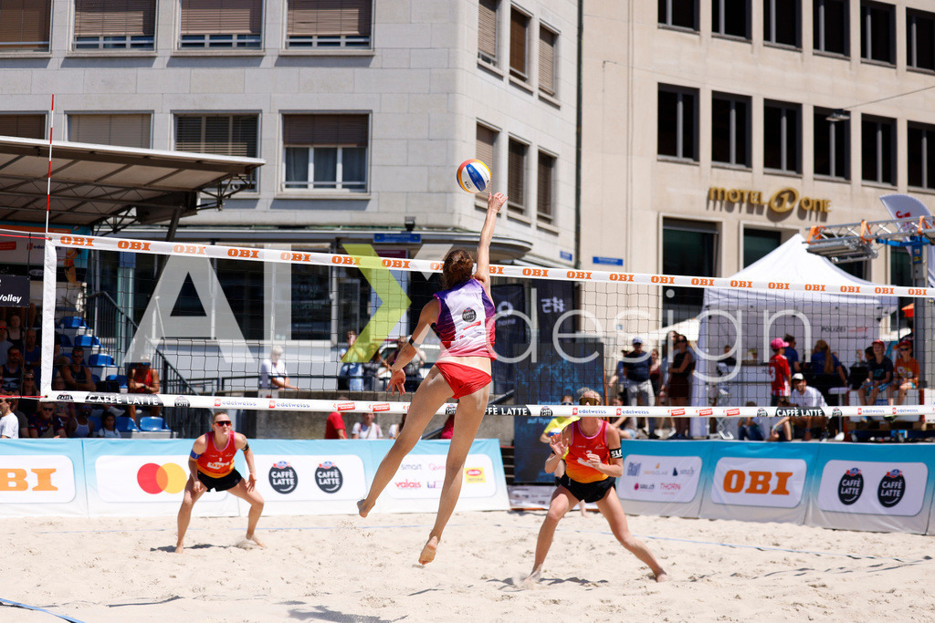 Obi BeachTour 2026 - Basel | BASEL, SWITZERLAND - JULY 18: NADINE DEMIERRE (SUI) attack / spike during the Obi BeachTour 2026 match between BOSSART / ABBÜHL (SUI) and FLÜCKIGER / DEMIERRE (SUI) at Barfüsserplatz on July 18, 2026 in Basel, Switzerland. - Realisiert mit Pictrs.com