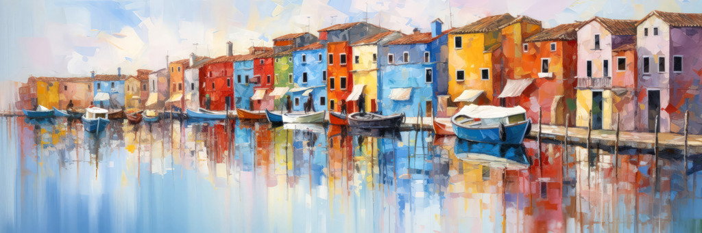 2601022 - Burano Venedig Panorama | Bunte Häuser von Burano als Panoramabild im Stil eines Gemäldes.