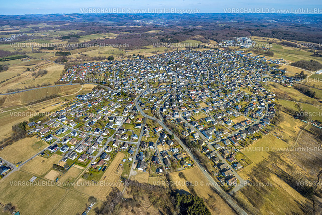 Wenden250307404Huensborn | Luftbild, Ortsteil Hünsborn, Wohngebiet Gesamtansicht mit Fernsicht, Hünsborn, Wenden, Sauerland, Nordrhein-Westfalen, Deutschland
