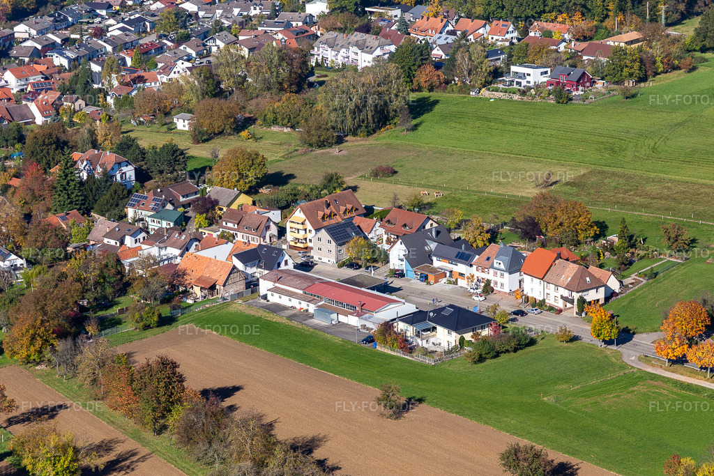 Luftbild: Pforzheimerstr im Ortsteil Langensteinbach in Karlsbad im Bundesland Baden-Württemberg in Deutschland. Foto: IMG_129956.jpg vom 24.10.2021 durch Werner Riehm/FLY-FOTO.de