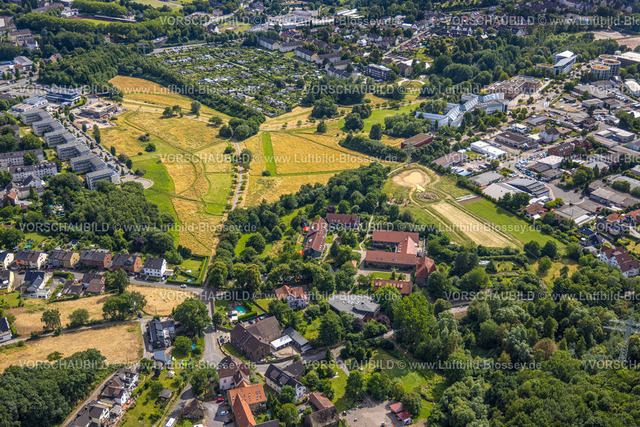 Witten230701015 | Luftbild, Christopherus-Hof Wohn- und Lebensgemeinschaft, Pferdebachtal, neuer runder Kräutergarten, Universität Witten/Herdecke, Annen, Witten, Ruhrgebiet, Nordrhein-Westfalen, Deutschland