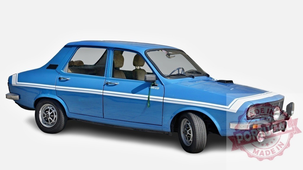Renault 12 shining in blue with white stripes parked on white background | Classic Renault 12 car in blue with white stripes parked on a white background - Realized with Pictrs.com