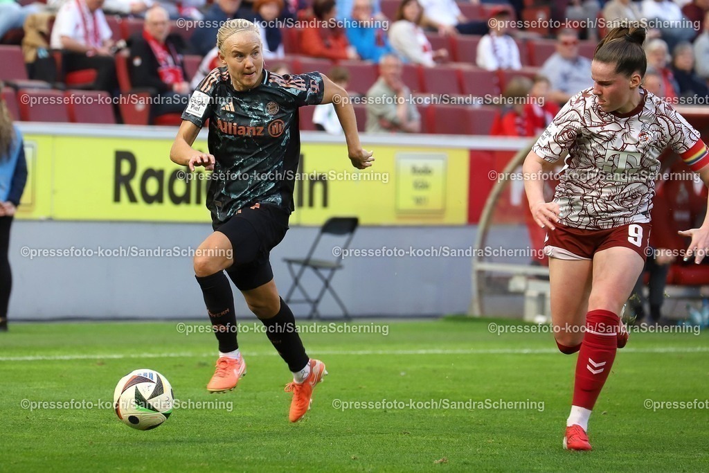 xSSC09032501019 | 09.03.2025, xsscx, Frauen Fußball, 1. FC Köln - FC Bayern München, 1. Fußball Bundesliga, 16. Spieltag, RheinEnergie-STADION, Saison 2024 2025: Pernille Harder (FC Bayern München 21) im Zweikampf gegen Adriana Achcinska (1. FC Köln 9) DFB regulations prohibit any use of photographs as image sequences and or quasi-video.