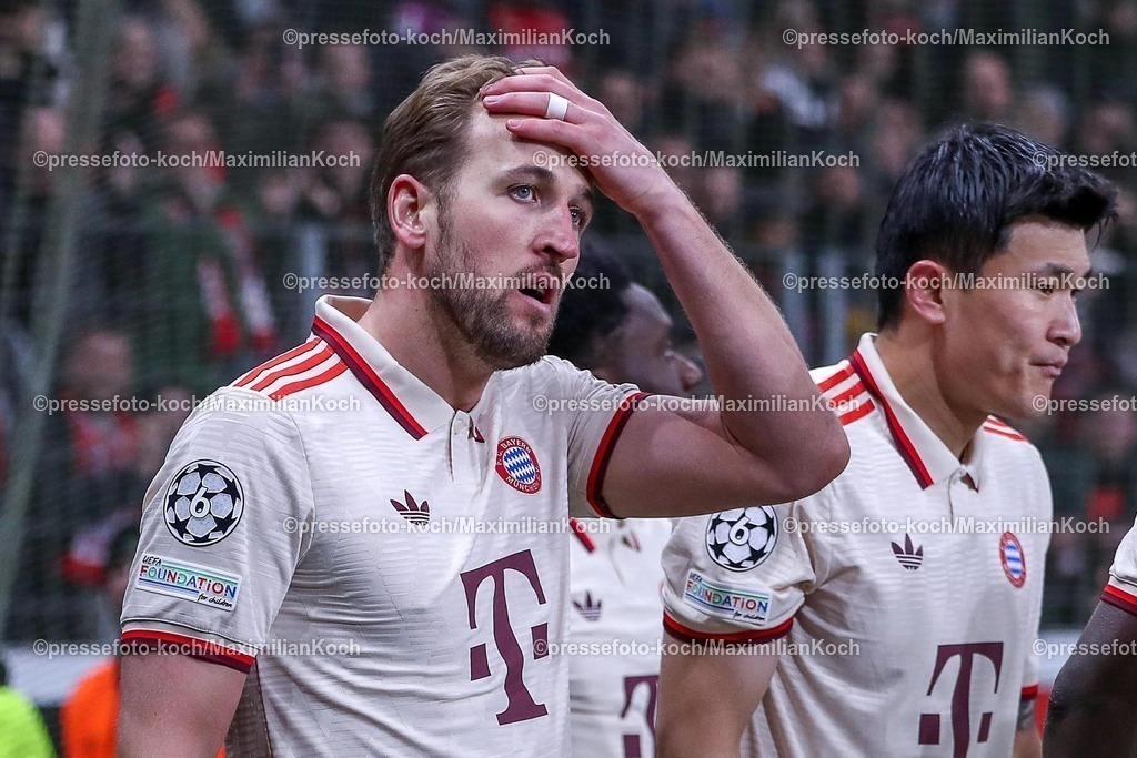UCL11032502420 | 11.03.2025, Fußball, UEFA Champions League, Bayer 04 Leverkusen - FC Bayern München, Achtelfinale Rückspiel, BayArena, Saison 2024 2025: Torjubel nach dem 1:0 durch Torschütze Harry Kane (FC Bayern #9) - streicht sich nachdenklich durch die HaareDFB regulations prohibit any use of photographs as image sequences and or quasi-video.