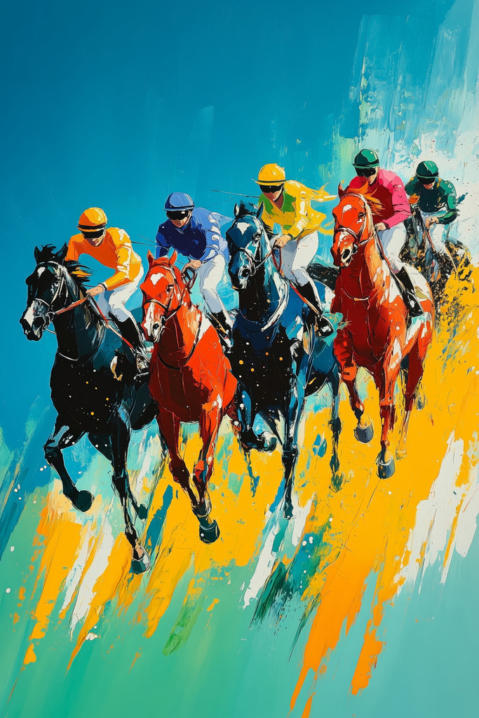 2502037 - Pferderennen | Modernes Wandbild im Stil eines Gemäldes. Bestellen Sie dieses Motiv als hochwertigen Kunstdruck auf Leinwand, hinter Acrylglas, auf Alu-Dibond oder auch als Poster. 