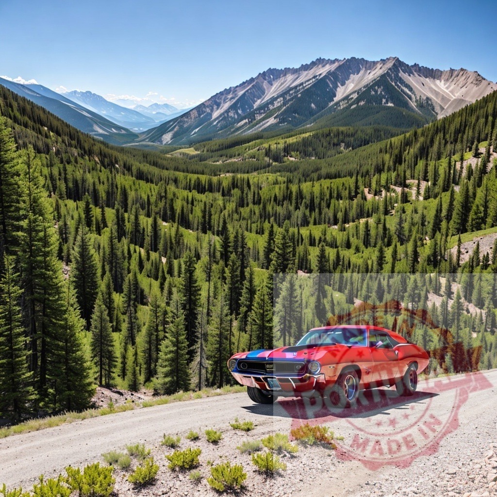 Red vintage muscle car driving mountain road trip. AI Experiments | Red classic American muscle car on a gravel road in a mountain valley forested landscape - Realisiert mit Pictrs.com