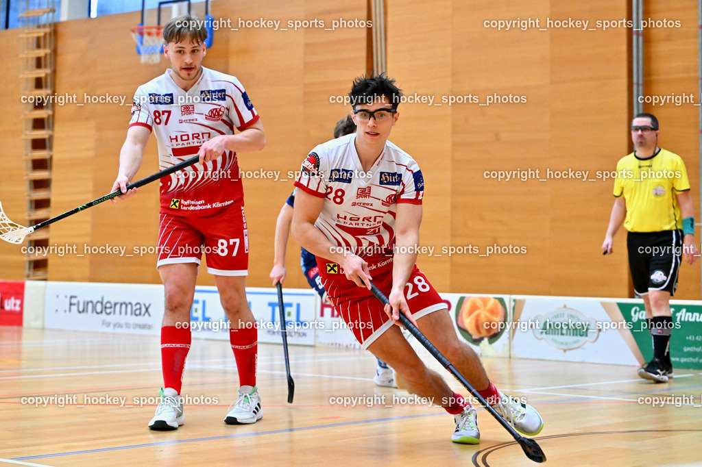 VSV Unihockye vs. KAC Floorball | #87 Fabian Grabner KAC Floorball, #28 Gabriel Lekas KAC Floorball, VSV Unihockye vs. KAC Floorball, VSV Unihockye vs. KAC Floorball am 13.04.2025 in Villach (Ballspielhalle St. Martin), Austria, (Photo by Bernd Stefan)