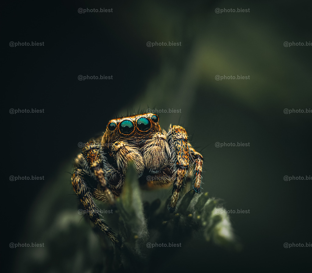 I see you | Kleine Springspinne auf einem Blatt. - Realisiert mit Pictrs.com