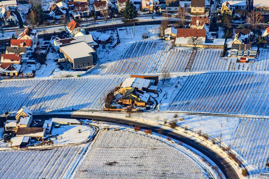 Luftbild: Weingut Gies-Düppel im Winter bei Schnee in Birkweiler im Bundesland Rheinland-Pfalz in Deutschland. Foto: IMG_36361.jpg vom 03.01.2011 durch Werner Riehm/FLY-FOTO.deWeingut Gies-Düppel
