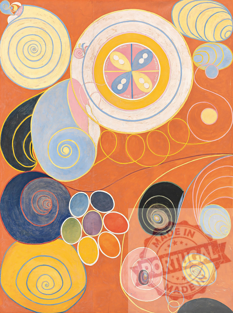 Hilma af Klint The Ten Largest No. 3 Youth abstract art painting. Hilma af Klimt | Organic shapes and spiraling forms creating an abstract composition with a vibrant orange background - Realized with Pictrs.com