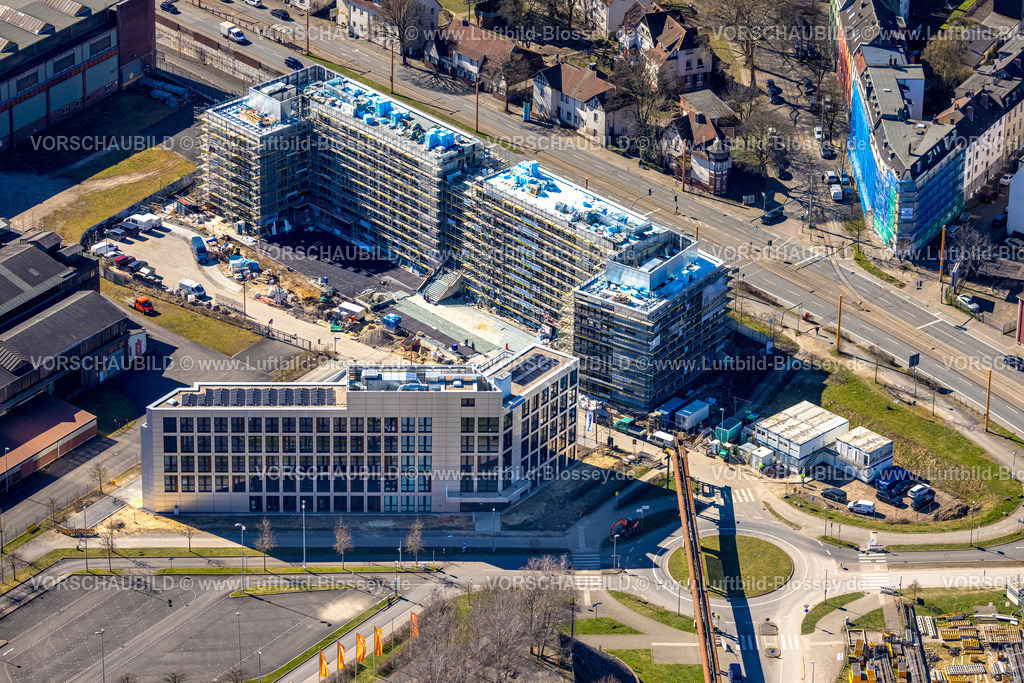 Bochum250301522 | Luftbild, TRIUM Business Campus Bochum, Baustelle mit Neubau neben der Jahrhunderthalle, Kruppwerke, Bochum, Ruhrgebiet, Nordrhein-Westfalen, Deutschland