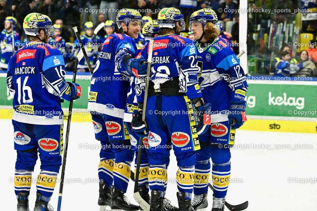 EC IDM Wärmepumpen VSV vs. STEINBACH BLACK WINGS LINZ  | Jubel EC VSV Mannschaft, #16 HANCOCK Kevin EC VSV, #22 SCHERBAK Nikita EC VSV, #2 MACPHERSON Dylan EC VSV, #12 Pearson Chase EC VSV, EC IDM Wärmepumpen VSV vs. STEINBACH BLACK WINGS LINZ , EC IDM Wärmepumpen VSV vs. STEINBACH BLACK WINGS LINZ  am 28.01.2025 in Villach (Stadthalle Villach), Austria, (Photo by Bernd Stefan)