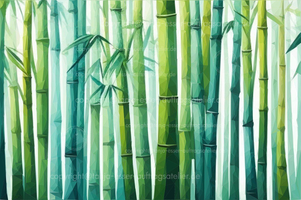 Bambus Low Poly D | Bambuswald als Polygone im Hintergrund. Vor weißem Hintergrund. Kuratierte und überarbeitete generative KI. 