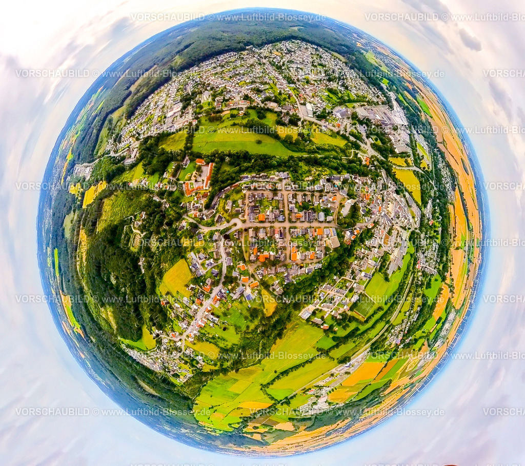 Warstein240790085Belecke | Luftbild, Wohngebiet Ortsansicht Ortsteil Belecke, Erdkugel, Fisheye Aufnahme, Fischaugen Aufnahme, 360 Grad Aufnahme, tiny world, little planet, fisheye Bild, Belecke, Warstein, Soester Börde, Nordrhein-Westfalen, Deutschland