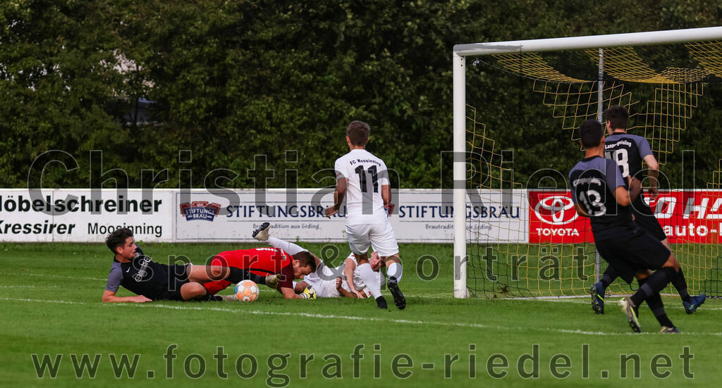 2023-08-08_069_FC_Moosinning_gegen_FC_Langengeisling | Moosinning, Deutschland, 08.08.2023:
Fußball, Bezirksliga Oberbayern Ost 2023 / 2024, 3. Spieltag, FC Moosinning gegen FC Langengeisling, Endergebnis: 0:4

Maximilian Maier (FC Langengeisling, #10), Torwart Christian Brader (FC Langengeisling, #1), Florian Jakob (FC Moosinning, #10), Maximilian Lechner (FC Moosinning, #11)

Foto: Christian Riedel / fotografie-riedel.net