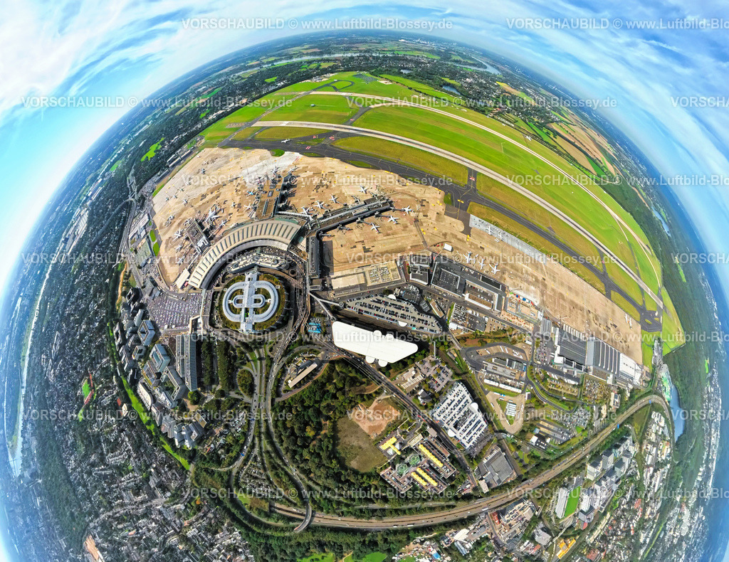 Duesseldorf250903792(1) | Luftbild, DUS Airport Flughafen Düsseldorf mit Empfangsgebäude und Gewerbegebiet DUS Airport-City, Erdkugel, Fisheye Aufnahme, Fischaugen Aufnahme, 360 Grad Aufnahme, tiny world, little planet, fisheye Bild, Unterrath, Düsseldorf, Ruhrgebiet, Nordrhein-Westfalen, Deutschland