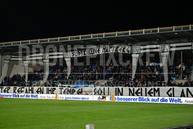 TSV Egger Glas Hartberg vs SV Oberbank Ried – Austrian Bundesliga Match | TSV Egger Glas Hartberg and SV Oberbank Ried. High-intensity match action, tackles, shots on goal, celebrations, fan atmosphere and stadium scenes captured in professional quality. The image shows the fans  from Hartberg.