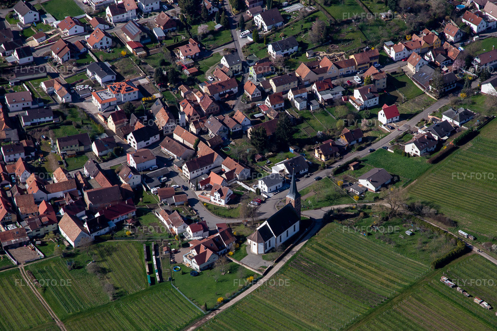 Luftbild: Pfarrwingert und Protestantische Kirche Rechtenbach - Prot. Kirchengemeinde Schweigen-Rechtenbach im Ortsteil Rechtenbach in Schweigen-Rechtenbach im Bundesland Rheinland-Pfalz in Deutschland. Foto: IMG_136140.jpg vom 28.03.2023 durch Werner Riehm/FLY-FOTO.deEvangelische Kirche der Pfalz (Protestantische Landeskirche)